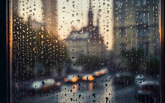 vue panoramique d'une rue de la ville à travers une fenêtre avec des gouttes de pluie générative ai
