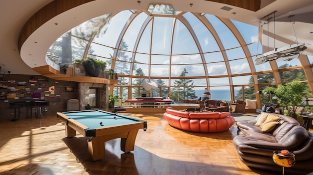 vue panoramique d'une salle à vivre avec une table de billard et une table de billiard générative ai