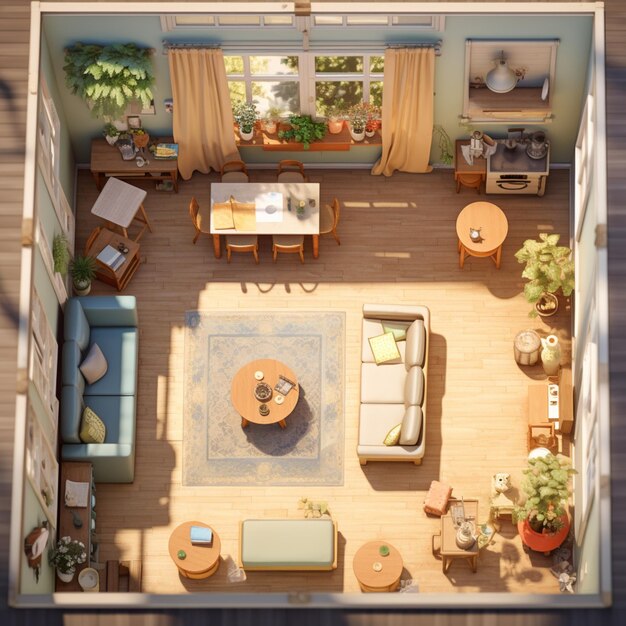 vue panoramique d'un salon avec une salle à manger et une cuisine générative ai