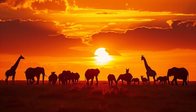 une vue panoramique de la savane africaine au coucher du soleil