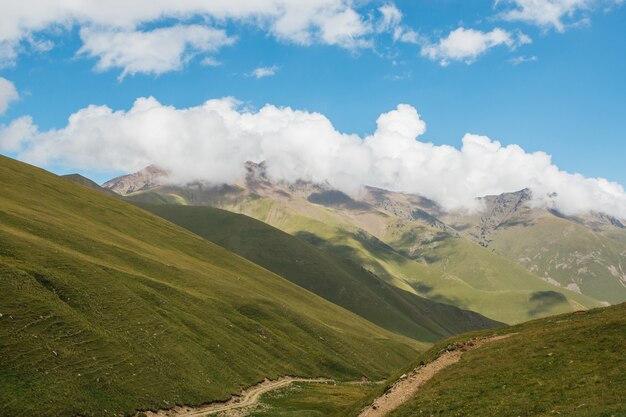 Vue Panoramique Des Scènes De Montagnes Dans Le Parc National Dombay, Caucase, Russie, Europe. Ciel Bleu Dramatique Et Paysage D'été Ensoleillé