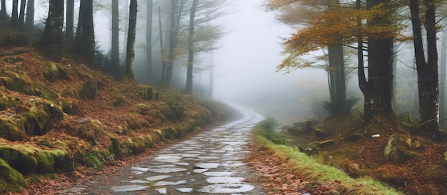 Vue panoramique d'un sentier dans les bois dans le brouillard