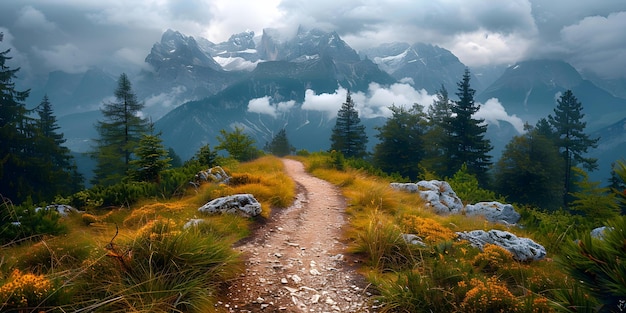 Vue panoramique d'un sentier de randonnée dans les Alpes suisses avec des montagnes enneigées Concept Photographie de montagne Randonnée sur des sentiers enneigés Paysages des Alpes suisses Vues panoramiques