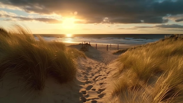 Vue panoramique sereine sur une plage de dunes au coucher du soleil