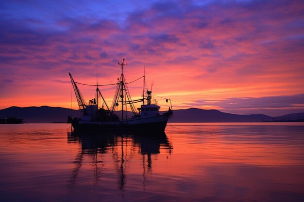 Vue panoramique de la silhouette d'un chalut de pêche contre le ciel coloré du crépuscule créé avec l'AI génératif