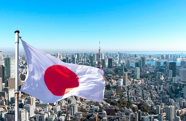 Vue panoramique de Tokyo et du drapeau japonais