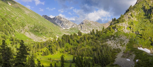 Vue panoramique de la vallée de la montagne le jour du printemps