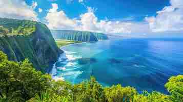 Photo vue panoramique de la vallée de waipio à hawaï une expérience de voyage tropical avec vue sur l'océan