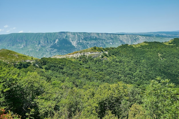 Vue panoramique sur les vertes prairies de la grande montagne du Daghestan