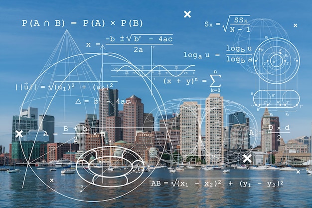 Vue panoramique sur la ville du port de Boston pendant la journée Massachusetts Bâtiments extérieurs du centre-ville financier Concept technologique et éducatif Recherche universitaire hologramme des meilleures universités