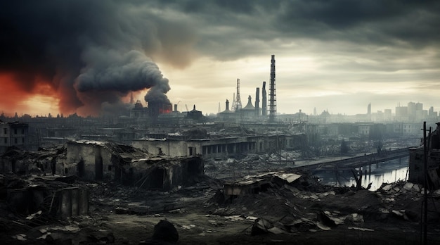 Vue panoramique de la zone industrielle avec des cheminées fumantes Concept du réchauffement climatique
