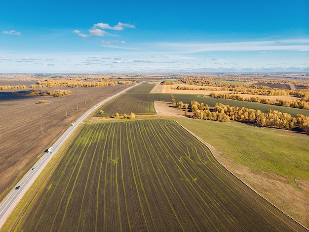 Vue par drone des magnifiques champs sans fin de terres labourées cultivées avec des forêts plantées et des arbres s'étendant au-delà de l'horizon. Longue route à travers le champ. Concept de graines