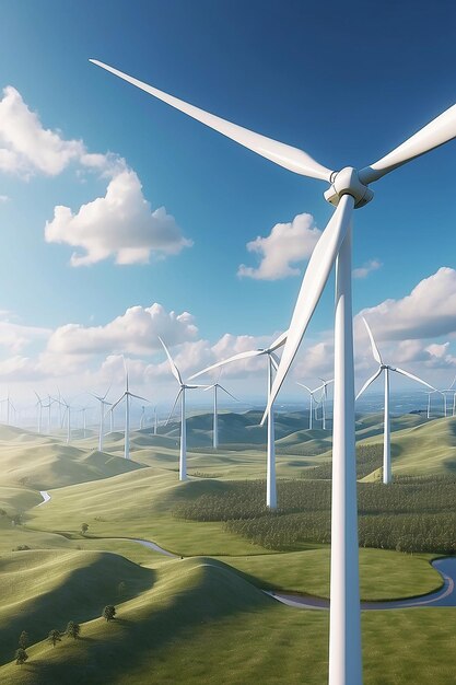 Vue d'un parc éolien avec de hautes turbines éoliennes pour produire de l'électricité concept d'énergie écologique moderne rendu 3D