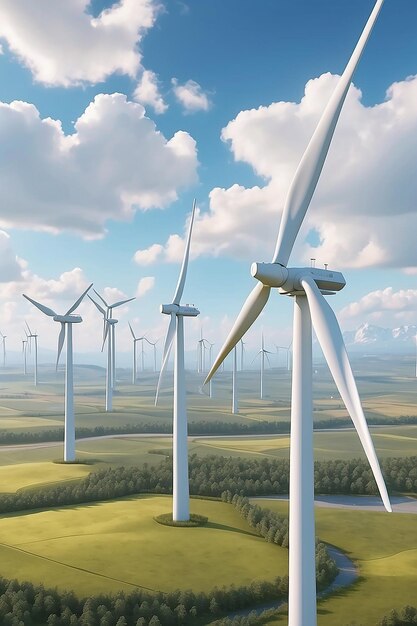 Vue d'un parc éolien avec de hautes turbines éoliennes pour produire de l'électricité concept d'énergie écologique moderne rendu 3D