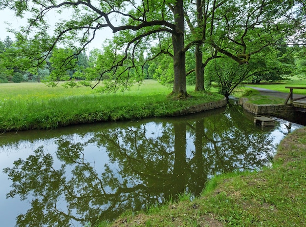 Vue sur le parc de la ville d'été et fossé avec eau