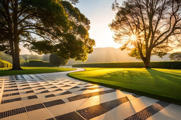 Une vue sur le parcours de golf au coucher du soleil