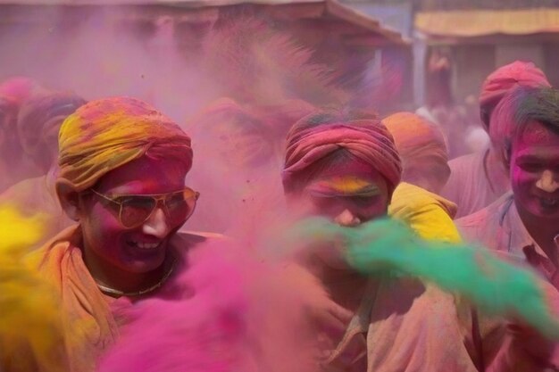 Vue partielle en gros plan de jeunes gens tenant une poudre colorée dans les mains lors du festival de Holi