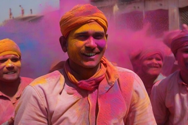 Vue partielle en gros plan de jeunes gens tenant une poudre colorée dans les mains lors du festival de Holi