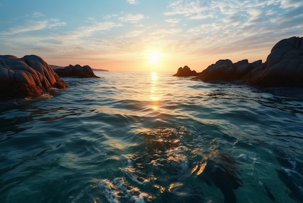 Vue paysage de la beauté du lever du soleil sur la plage avec de gros rochers et des vagues relaxantes ai générative