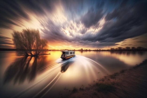 Vue paysage du navire sur la rivière et coucher de soleil générative ai