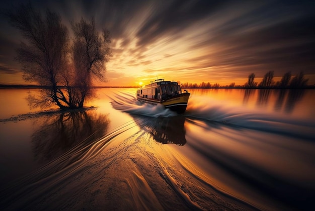 Vue paysage du navire sur la rivière et coucher de soleil générative ai