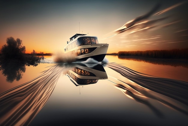 Photo vue paysage du navire sur la rivière et coucher de soleil générative ai