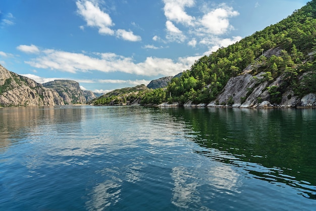 Vue Paysage De Fjords Norvégiens Avec Reflet De La Montagne, Norvège, Lysefjord