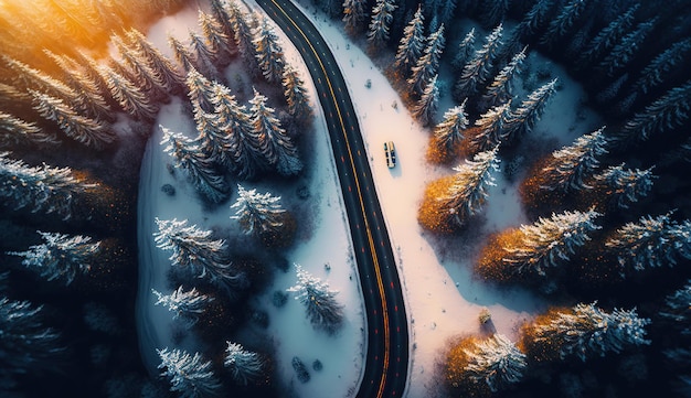 Vue d'un paysage forestier serein avec une route au milieu de la neige AI générative