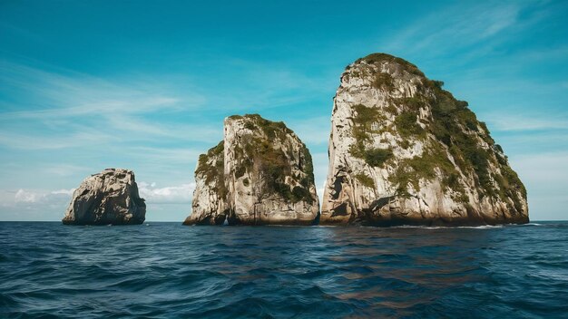 Vue d'un paysage de grands rochers dans une mer bleue ouverte avec un ciel bleu ensoleillé clair