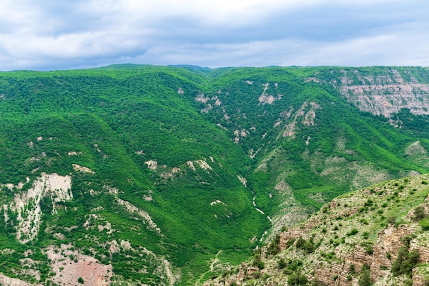 Vue de paysage de montagne d'une gorge énorme avec les pentes vertes rocheuses