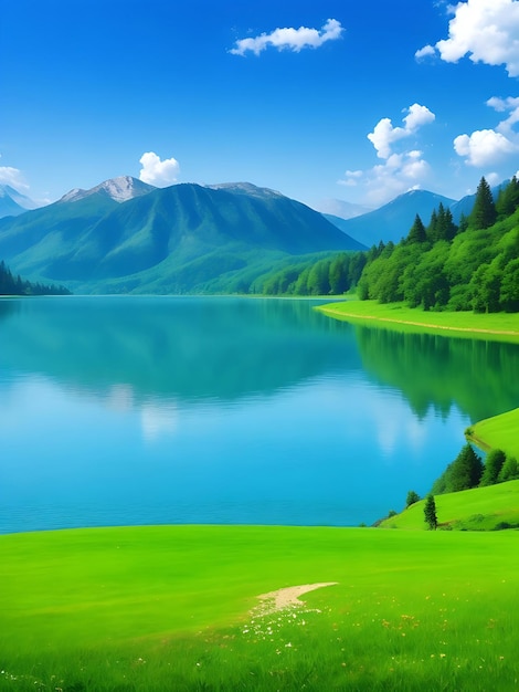 Vue d'un paysage naturel avec un lac pour le papier peint AI Image