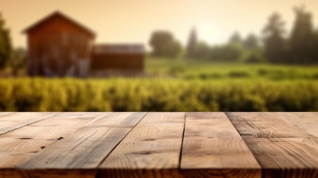 Photo vue de paysage sereine à travers une table en bois rustique image de stock améliorée par ia générative