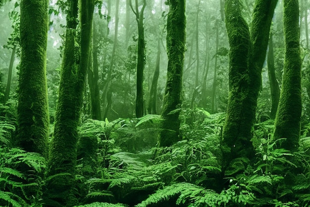 Vue sur le paysage de la vieille forêt tropicale verte brumeuse