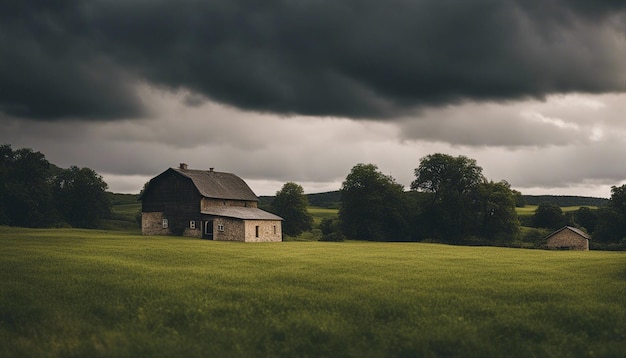 Vue paysagère d'un ciel sombre et nuageux paisible à la campagne avec une ferme mystérieuse