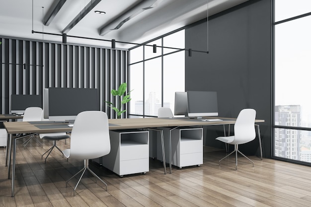 Vue en perspective sur un bureau de coworking au design d'intérieur moderne avec des chaises blanches, un sol et des tables en bois et une vue sur la ville depuis d'immenses fenêtres rendu 3D