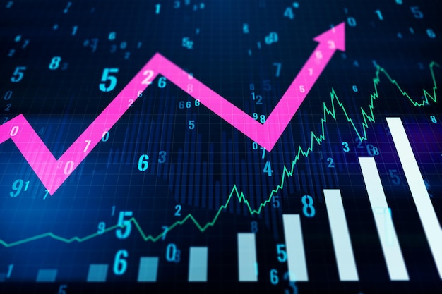 Vue en perspective du tableau financier en croissance avec flèche Concept de revenu et de croissance Rendu 3D