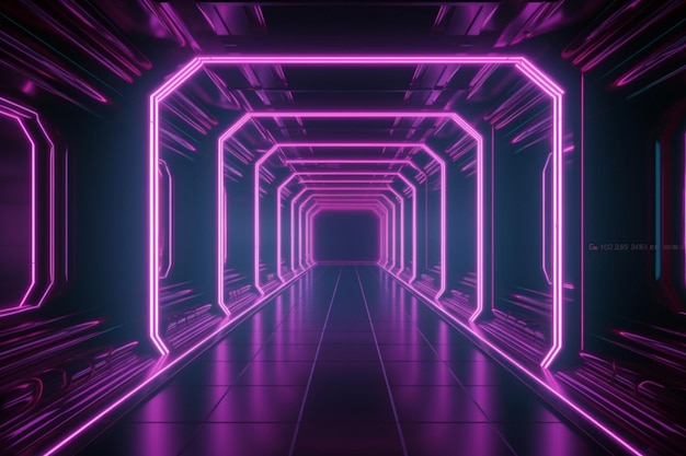 Vue en perspective du tunnel vide éclairage au néon violet