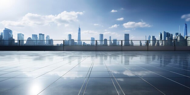 Vue en perspective d'un étage vide et d'un bâtiment moderne sur le toit avec scène de paysage urbain