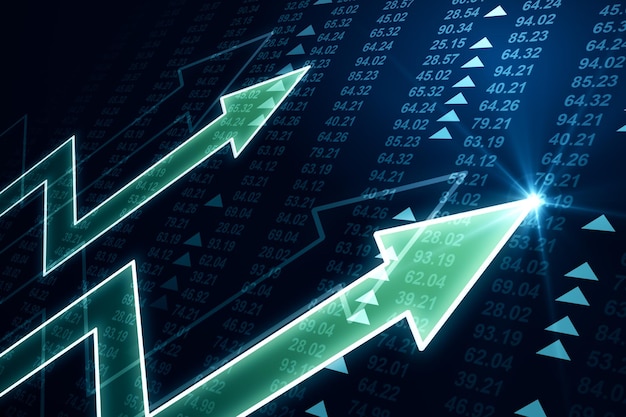 Vue en perspective sur les flèches graphiques numériques vertes sur fond de graphique financier investissement et concept de marché forex rendu 3D