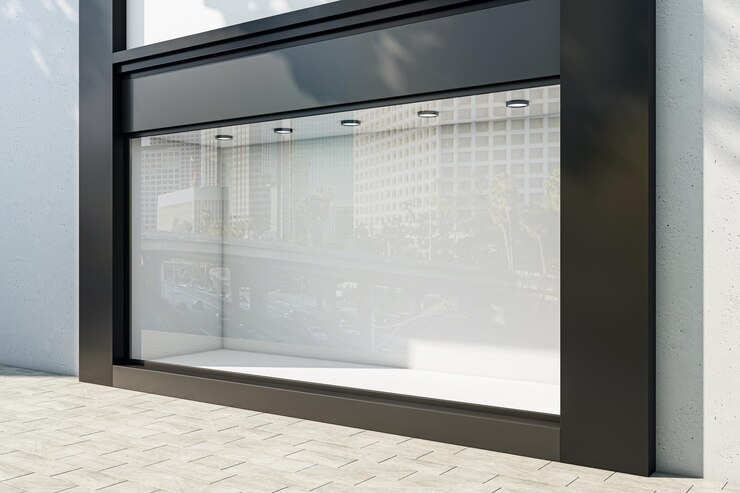 Photo vue en perspective sur fond de mur de lumière vierge dans une vitrine vide avec un espace pour la présentation de votre produit derrière des murs de verre avec réflexion de la ville dans un bâtiment moderne à l'extérieur maquette de rendu 3d