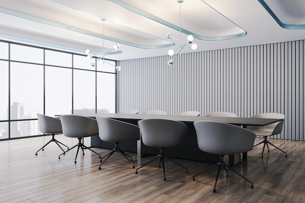 Vue en perspective sur une immense table de réunion sombre et vide entourée d'une chaise moderne dans une salle de conférence avec un intérieur minimaliste et une vue sur la ville depuis le mur à lattes de la fenêtre panoramique sur le rendu 3D en arrière-plan
