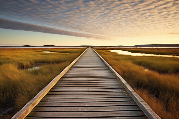 Photo vue en perspective d'une longue passerelle en bois sur un marais