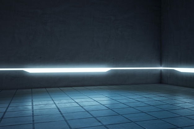Vue en perspective sur un mur blanc gris dans un intérieur abstrait de chambre noire vide avec sol en béton et maquette de lumière au néon Présentation du produit et arrière-plan de la voiture Rendu 3D