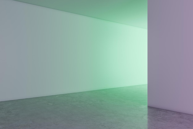 Vue en perspective sur un mur de lumière vierge avec rétro-éclairage vert et place pour une bannière publicitaire ou une affiche dans un hall vide abstrait avec une maquette de rendu 3D au sol en béton