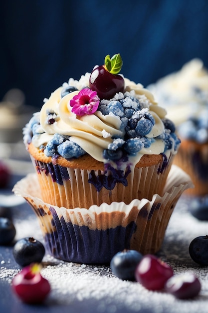 vue photo haute gâteau savoureux avec des fruits de forêt et de la crème