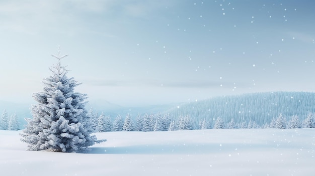 Vue photo d'un paysage de montagnes enneigées et de sapins avec fond de mystère de Noël