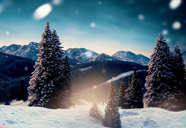 Vue photo d'un paysage de montagnes enneigées et de sapins