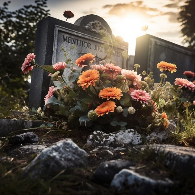 vue photo d'une pierre tombale avec des fleurs