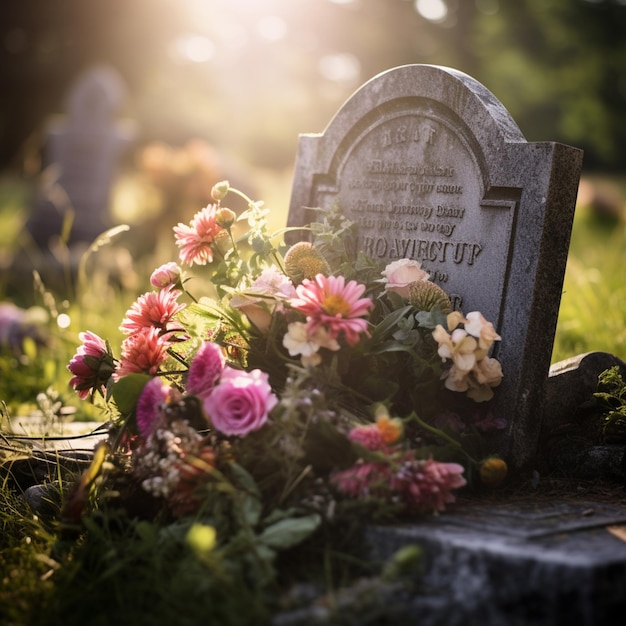 vue photo d'une pierre tombale avec des fleurs