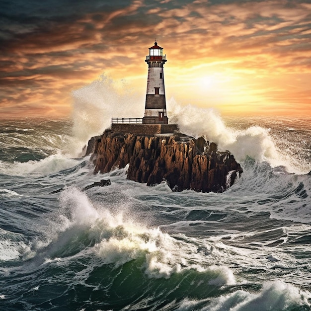 Vue photo de la tour du phare et de l'IA générative des grandes vagues